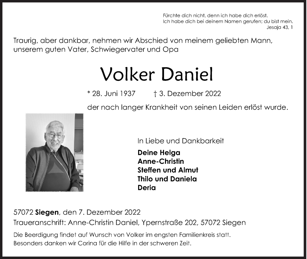  Traueranzeige für Volker Daniel vom 07.12.2022 aus Siegener Zeitung