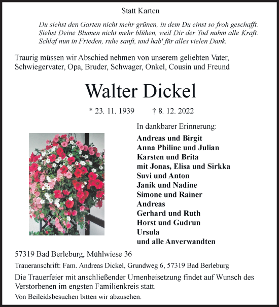 Traueranzeige von Walter Dickel von Siegener Zeitung
