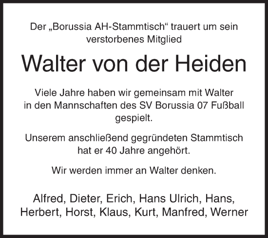 Traueranzeige von Walter von der Heiden von Siegener Zeitung