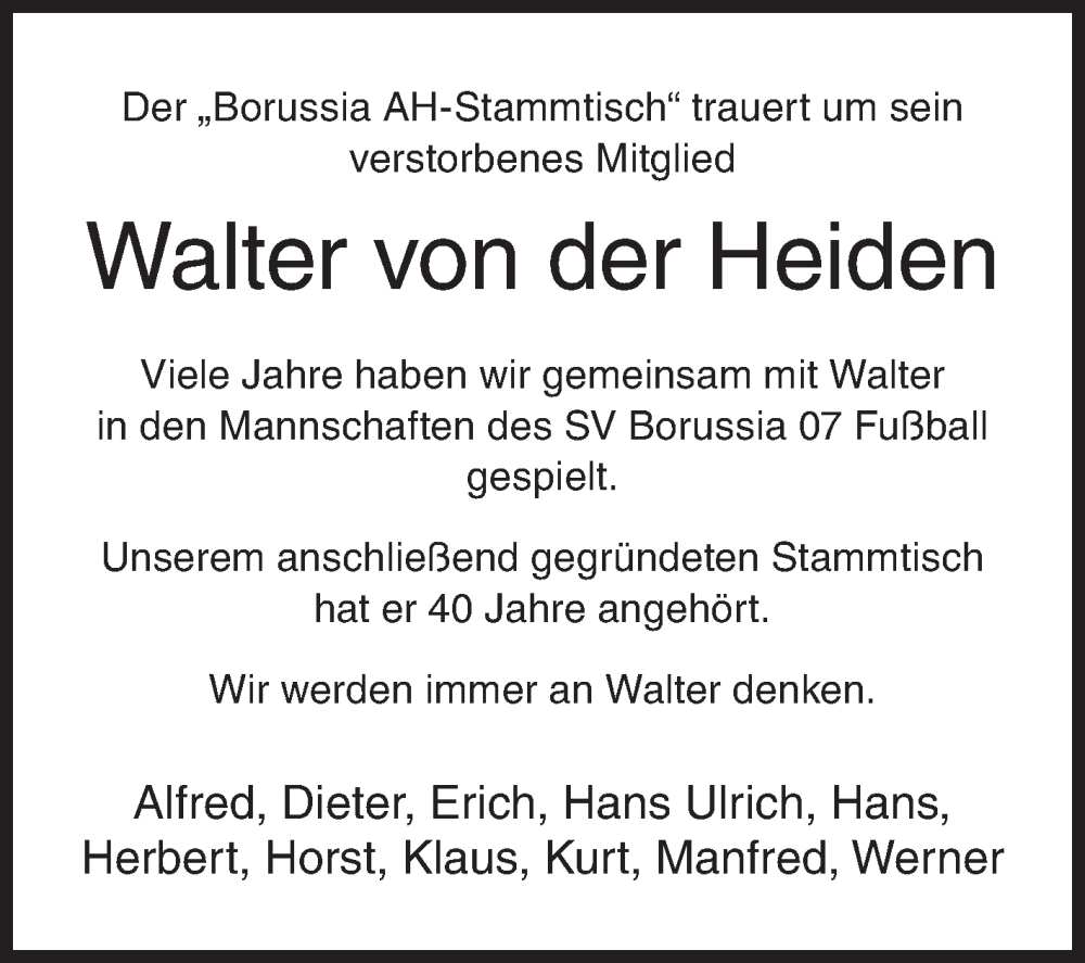  Traueranzeige für Walter von der Heiden vom 03.12.2022 aus Siegener Zeitung
