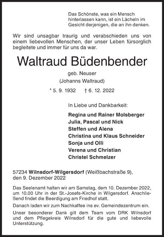 Traueranzeige von Waltraud Büdenbender von Siegener Zeitung
