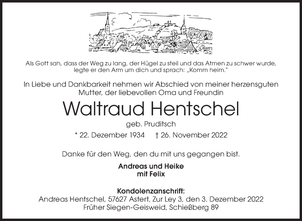  Traueranzeige für Waltraud Hentschel vom 03.12.2022 aus Siegener Zeitung