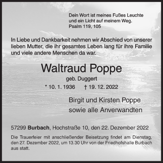 Traueranzeige von Waltraud Poppe von Siegener Zeitung