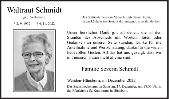 Traueranzeige von Waltraut Schmidt von Siegener Zeitung