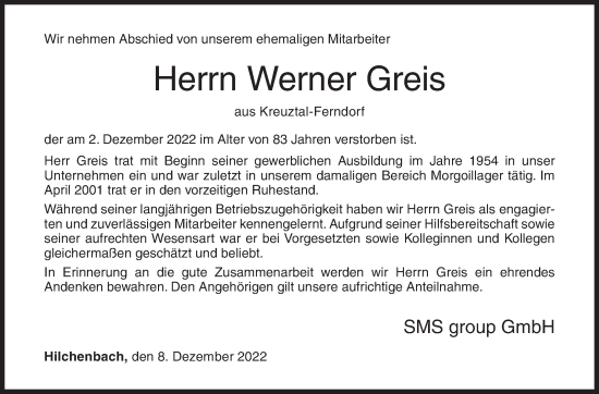 Traueranzeige von Werner Greis von Siegener Zeitung