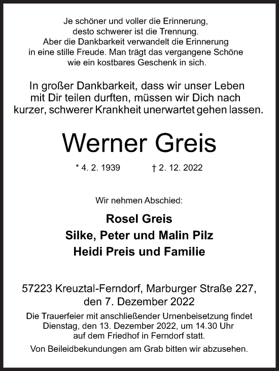 Traueranzeige von Werner Greis von Siegener Zeitung