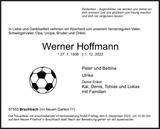 Traueranzeige von Werner Hoffmann von Siegener Zeitung