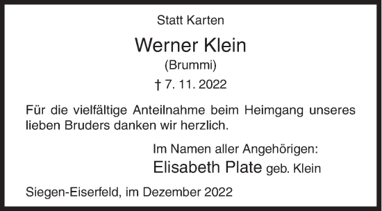 Traueranzeige von Werner Klein von Siegener Zeitung