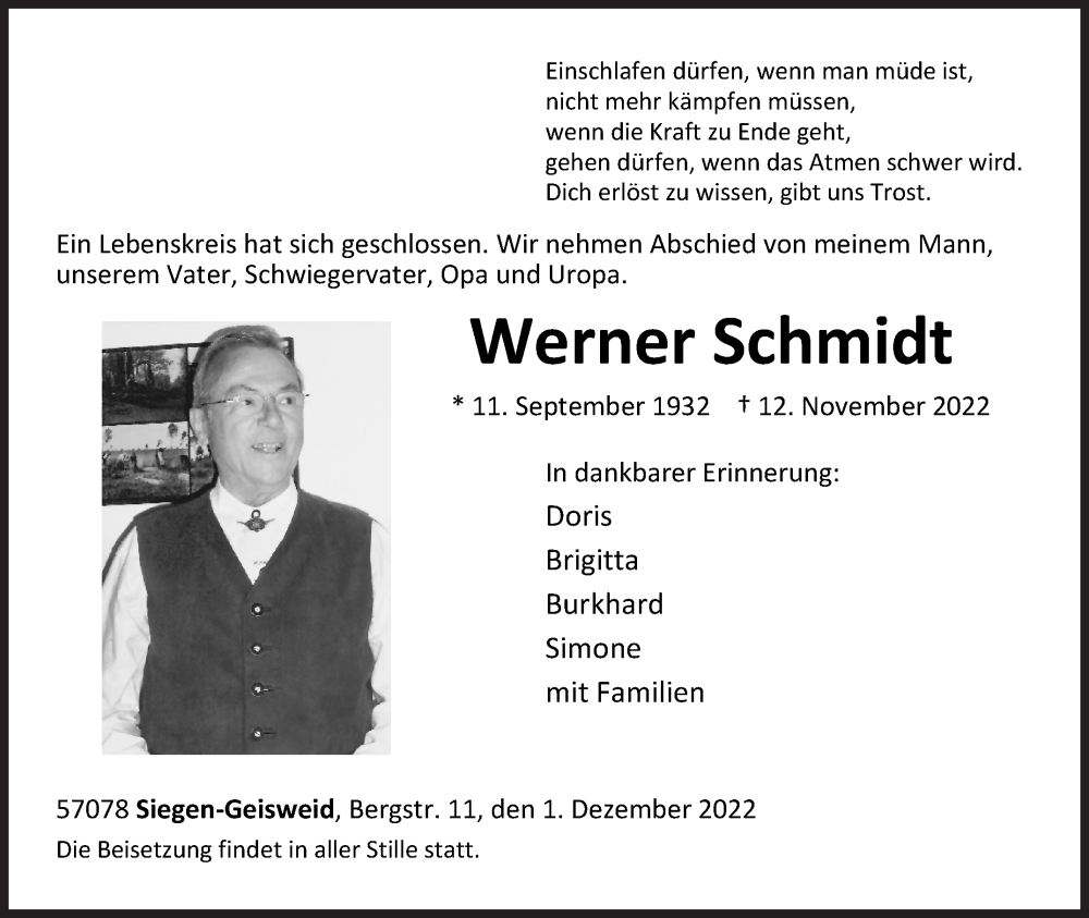  Traueranzeige für Werner Schmidt vom 01.12.2022 aus Siegener Zeitung