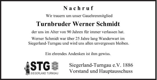 Traueranzeige von Werner Schmidt von Siegener Zeitung