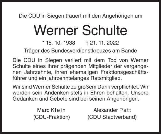 Traueranzeige von Werner Schulte von Siegener Zeitung