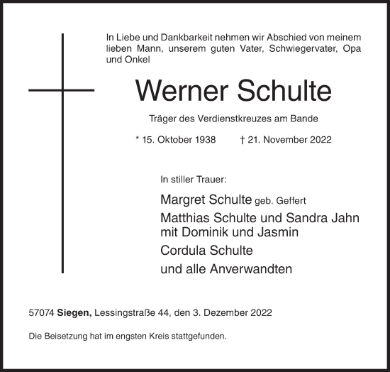 Traueranzeige von Werner Schulte von Siegener Zeitung