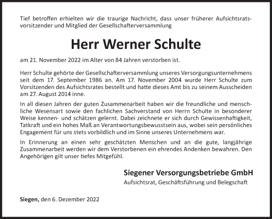 Traueranzeige von Werner Schulte von Siegener Zeitung