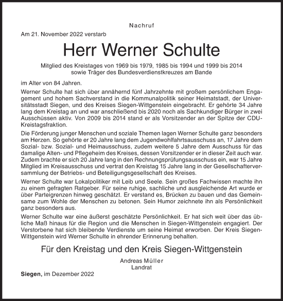 Traueranzeige von Werner Schulte von Siegener Zeitung