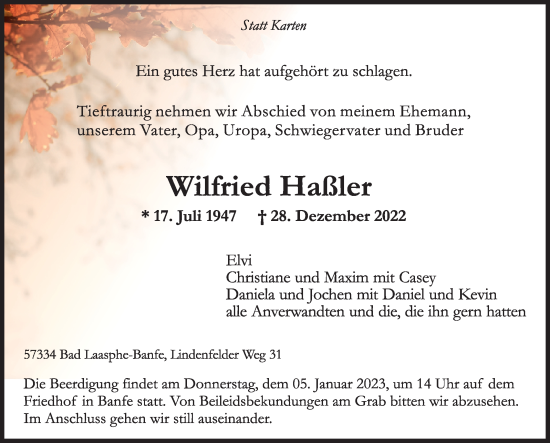 Traueranzeige von Wilfried Haßler von Siegener Zeitung