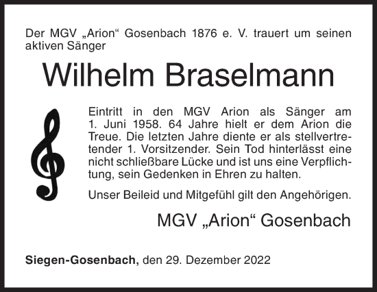 Traueranzeige von Wilhelm Braselmann von Siegener Zeitung