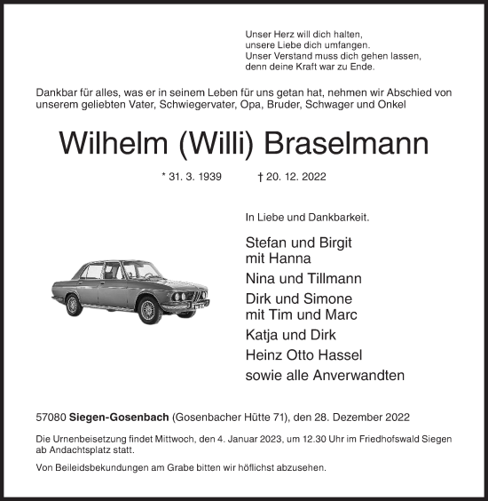 Traueranzeige von Wilhelm Braselmann von Siegener Zeitung