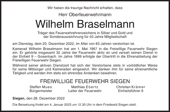Traueranzeige von Wilhelm Braselmann von Siegener Zeitung