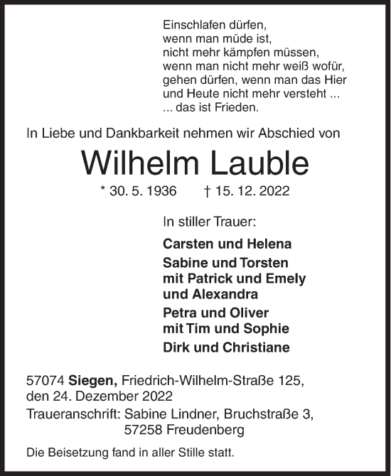 Traueranzeige von Wilhelm Lauble von Siegener Zeitung