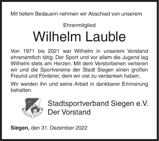 Traueranzeige von Wilhelm Lauble von Siegener Zeitung