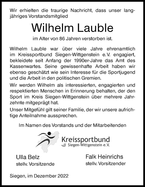 Traueranzeige von Wilhelm Lauble von Siegener Zeitung