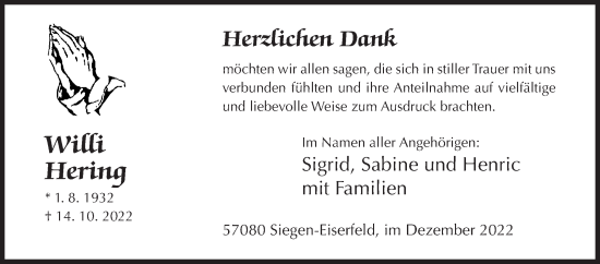 Traueranzeige von Willi Hering von Siegener Zeitung