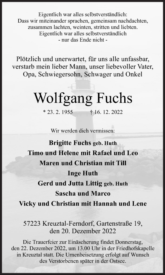 Traueranzeige von Wolfgang Fuchs von Siegener Zeitung