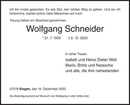 Traueranzeige von Wolfgang Schneider von Siegener Zeitung