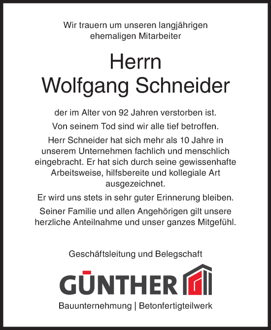 Traueranzeige von Wolfgang Schneider von Siegener Zeitung