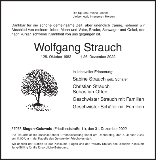 Traueranzeige von Wolfgang Strauch von Siegener Zeitung