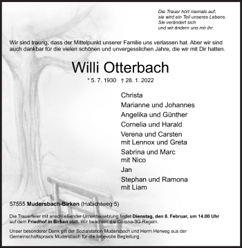Traueranzeige von Willi Otterbach von Siegener Zeitung