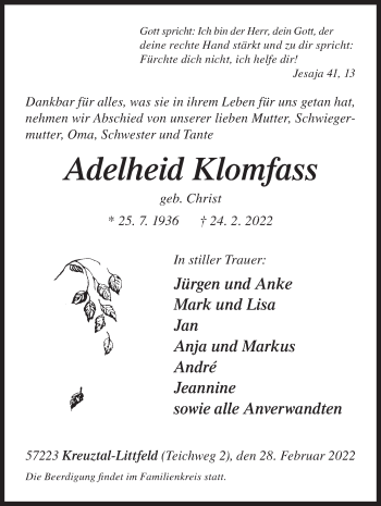 Traueranzeige von Adelheid Klomfass von Siegener Zeitung