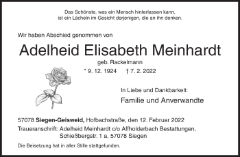 Traueranzeige von Adelheid Elisabeth Meinhardt von Siegener Zeitung