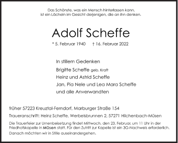 Traueranzeige von Adolf Scheffe von Siegener Zeitung