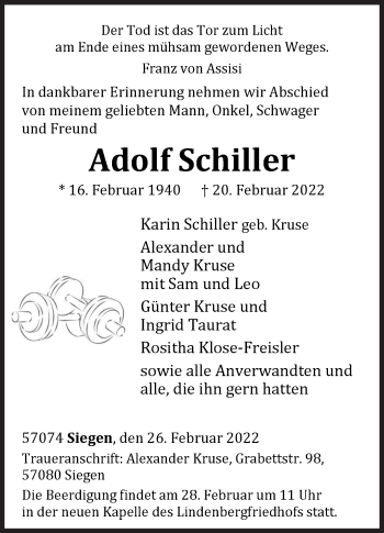 Traueranzeige von Adolf Schiller von Siegener Zeitung