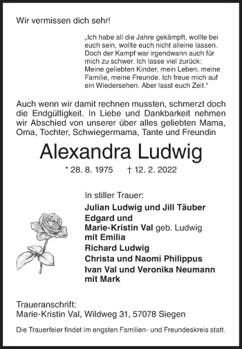 Traueranzeige von Alexandra Ludwig von Siegener Zeitung