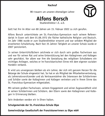 Traueranzeige von Alfons Borsch von Siegener Zeitung