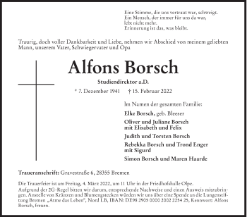 Traueranzeige von Alfons Borsch von Siegener Zeitung