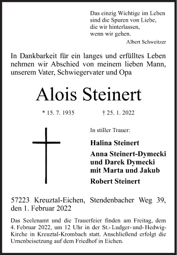 Traueranzeige von Alois Steinert von Siegener Zeitung