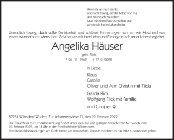Traueranzeige von Angelika Häuser von Siegener Zeitung