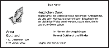 Traueranzeige von Anna Gotthardt von Siegener Zeitung