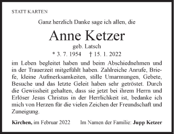 Traueranzeige von Anne Ketzer von Siegener Zeitung