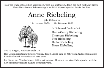 Traueranzeige von Anne Riebeling von Siegener Zeitung