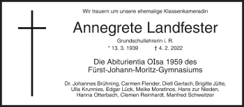 Traueranzeige von Annegrete Landfester von Siegener Zeitung