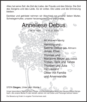 Traueranzeige von Anneliese Debus von Siegener Zeitung