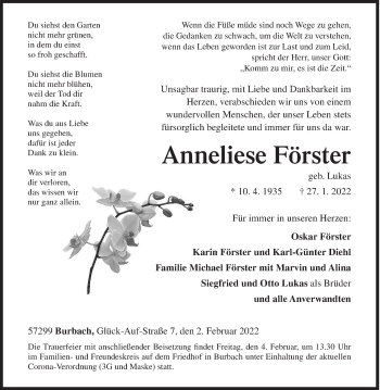 Traueranzeige von Anneliese Förster von Siegener Zeitung