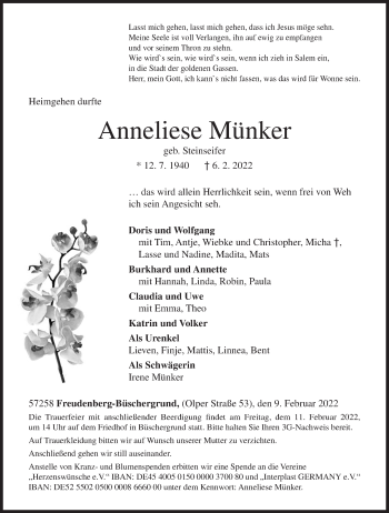 Traueranzeige von Anneliese Münker von Siegener Zeitung