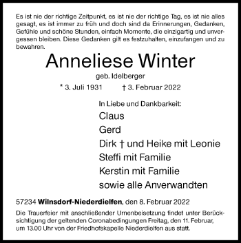 Traueranzeige von Anneliese Winter von Siegener Zeitung