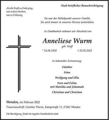 Traueranzeige von Anneliese Wurm von Siegener Zeitung