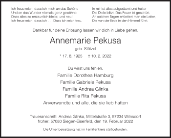 Traueranzeige von Annemarie Pekusa von Siegener Zeitung